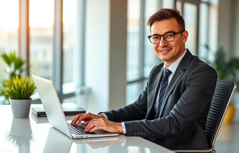 Professionista al lavoro in uno studio mentre consulta il computer